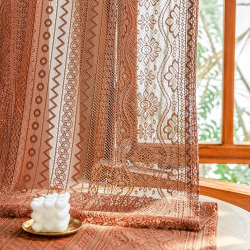 MYSKY HOME Vorhang Spitze Vorhänge Transparent für Wohnzimmer Stabtasche | Ziegelrot,2er Set,H245 x B140 cm,Blumen Bestickte Vintage,Gardinen Landhausstil,Vorhänge Dekoschal für Schlafzimmer
