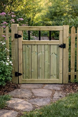 Wooden Garden Gate with Flat Top – Pressure Treated Outdoor Fence Gate with PVC Spindles (120cm High x 75cm Wide x 5cm Deep)