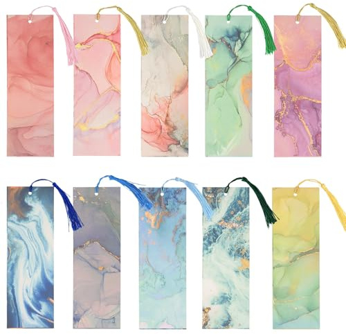 10 Pezzi di Segnalibri Personalizzati in Carta Effetto Marmo, Segnalibri Colorati con Nappa, Perfetti Come Regalo Ideale per Studenti, Amanti Della Lettura, Maestre, Colleghi e Gadget per Compleanni