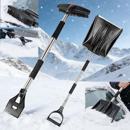 FainFun Retráctil Raschietto per Auto, 3 in 1 Raschietto per Parabrezza Auto, Scopa per Neve, Testa Girevole a 360 Gradi, Accessorio Invernale
