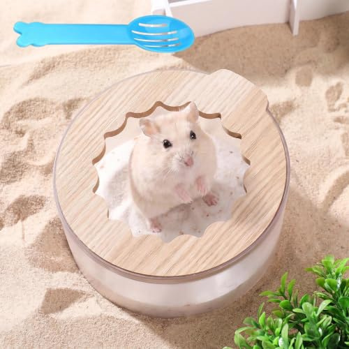Dexpally Hamster Sandbad Transparenter Acryl Hamster Sandbad Box Sandbad Container für Hamster Badewanne mit Holzdeckel (14x9cm)