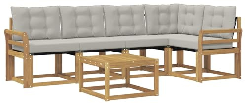 vidaXL Outdoor-Sofagarnitur mit Kissen 6 pcs Weiß und Hellgrau, Akazien Outdoor Sofa Set, modische Möbel für Terrasse, wetterfester Couch, entspannende Sitzgruppe im Garten