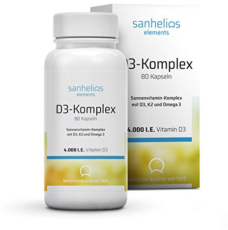 Sanhelios® Sonnenvitamin-Komplex - 4000 I.E. Vitamin D3 + K2 (MK7) & Omega-3 Fettsäuren - 80 Kapseln = 400 Tage rund um versorgt - Nur Premium Zutaten - Hergestellt & geprüft in Deutschland