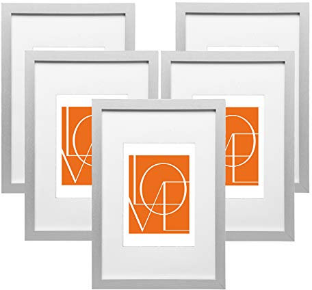 WOLTU Bilderrahmen 21x29,7 cm A4, Fotorahmen zum vertikalen oder horizontalen Aufhängen/Aufstellen, Holzrahmen mit Passepartout, Set of 5 Posterrahmen Collage Wanddeko, Silber