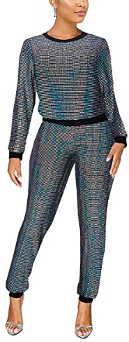 WOKANSE Damen Pailletten Glitzer Langarm Sweatshirts und Skinny Lange Hosen Zweiteilige Outfits - Silber - X-Groß