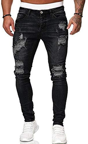 Men's Stretch Skinny Ripped Jeans, Super Comfy Distressed Denim Pants with Destroyed Holes(Black, XXL)