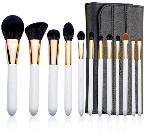 ENZO KEN Natürliches Schwarzes Ziegenhaar Make up Pinsel Set mit Handtasche, Extra Weiche Gesichts und Augen Pinsel, 12 Stück Luxuriöse Weiße Lidschatten Pinsel Sets mit Aufrollbarer Tasche