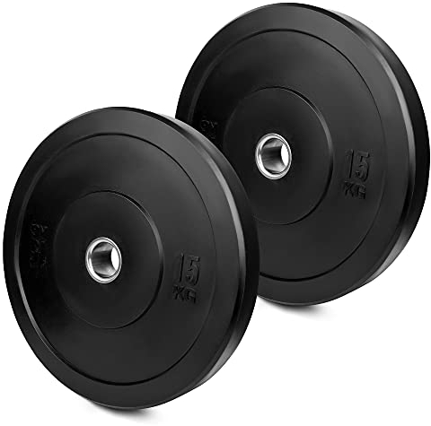 wuuhoo® olympische Hantelscheiben Bruce 50mm, Bumper Plates aus Vollgummi stoßabsorbierend, 2er Set Gewichte für Langhantel Schwarz, Hanteltraining- Fitnessgerät für Zuhause 2 x 15 kg