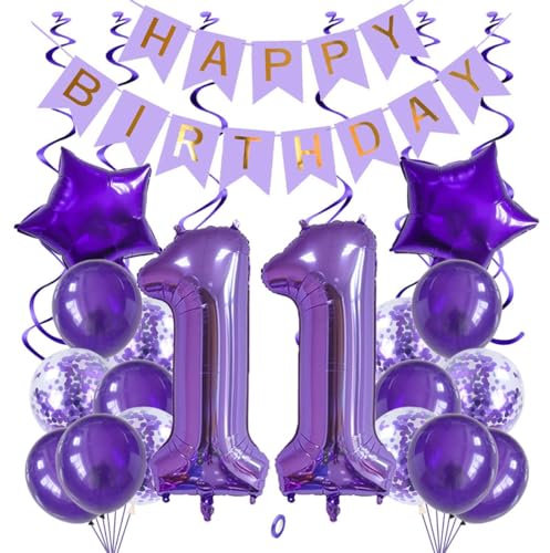 Jxuzh Set di 11 palloncini decorativi per compleanno, viola, 40 pollici, numero 11 (100 cm), 25 pezzi, per compleanno, decorazione, palloncini ad aria/elio