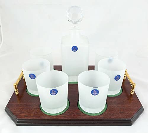 DGS Country Crafts Set Of 6 Frosted 24% Lead Crystal Whiskey Glasses + Decanter On Oblong Tray