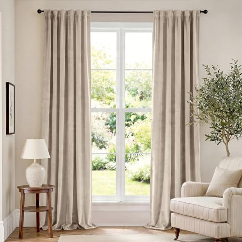 Lazzzy Samtvorhänge, Beige, 305,8 cm, extra lang, wärmeisoliert, Vorhänge für Wohnzimmer, Schlafzimmer, robuste Fensterbehandlungen, lichtreduzierend, superweich, luxuriös, Stangentasche, 2 Paneele,