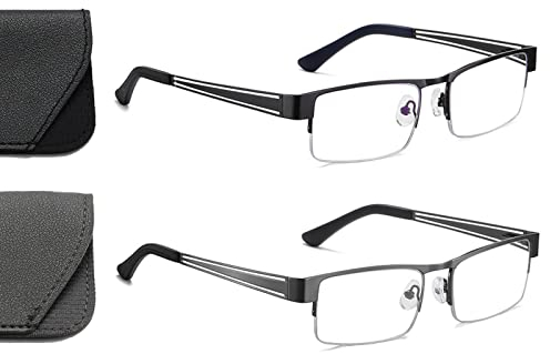 Hubeye 2er Pack Lesebrille Herren Rechteck Rahmen Metall Schwarz Grau Federscharniere Blaulichtfilter Computer Lesebrille mit Brillenholster 1.50