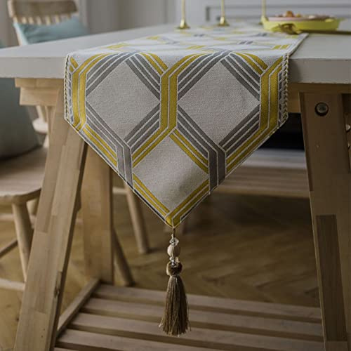 Highdi Tischläufer Modern Abwaschbar Tischdekoration, Lang Tischläufer mit Handgefertigten Quasten für Esszimmer, Küche, Wohnzimmer, Urlaub, Esstischdekoration (gelb grau,32x240cm)