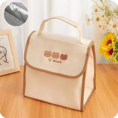 Azazaza Kawaii Insulated Lunch Bag for Kids/Adults - Reusable Lunch Box Bag with Large Compartment and Shoulder Strap Cute Embroidery Lunch Tote Bag for Kids Teens School Outdoor Travel (Brown)