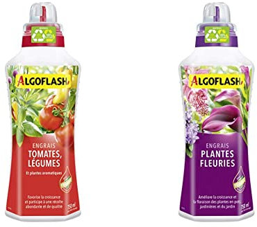 ALGOFLASH Engrais Tomates et Légumes, Bouchon Doseur Inclus, 750 ml, ALIPOT750N & Engrais Plantes Fleuries, Bouchon Doseur Inclus, 750 mL, ALIBAL750N