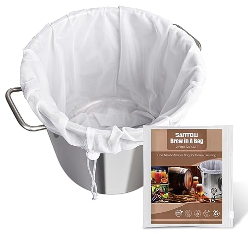 Braubeutel, SANTOW Netz-Siebbeutel, wiederverwendbare Netztasche für Heimbrauen, 2 Stück, extra große Filterbeutel für Bier, Nuss, Milch, Kaltgebrüh, Obst, Weinpresse, Kordelzug, Abseihen in einem