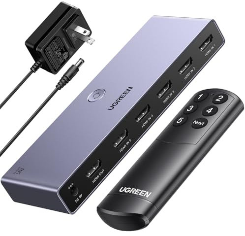 UGREEN 8K@60Hz HDMI Switch 5 in 1 Out Aluminium Unterstützung 4K@240Hz HDR10+ HDCP 2.3 CEC HDMI 2.1 Switch Splitter mit Stromadapter Kompatibel mit PS5/4 Xbox Switch