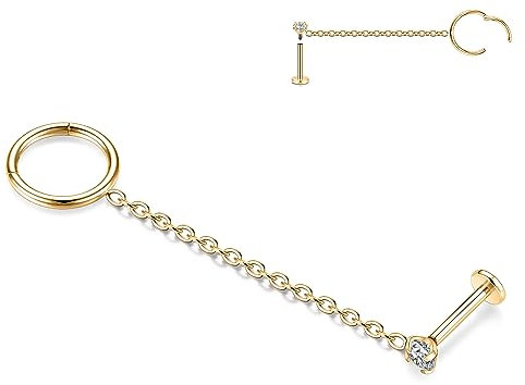 AROWRO 16G Kette Ohrringe Conch Hoop Ohrringe für Frauen Double Piercing Dangle Kette Knorpel Hoop Ohrringe Cubic Zirkonia Labret Ohrstecker 316L Chirurgenstahl Nasenring Hoop 8mm Bar Gold
