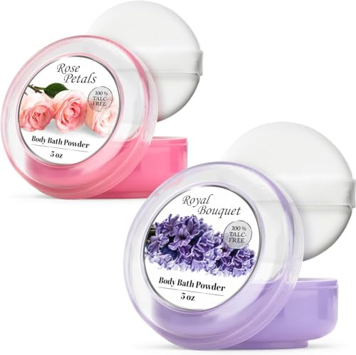 R-NEU 2 Pack Body Powder for Women with Puff, 100% Talc-Free, Elegant Rose Petal & Royal Bouquet Scented Dusting Powder, After Bath for Soft Skin, Extra Large, (2 Pack, 5 Oz Each)