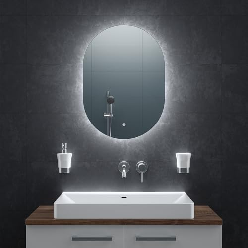 BR Bringer® LED Badspiegel 50 x 70 cm Modell BRS302 dimmbar Anti-Beschlag | Dimmbarer Badezimmerspiegel mit Beleuchtung - 3 Lichtfarben, Touch-Schalter, Anti-Beschlag und praktische Speicherfunktion