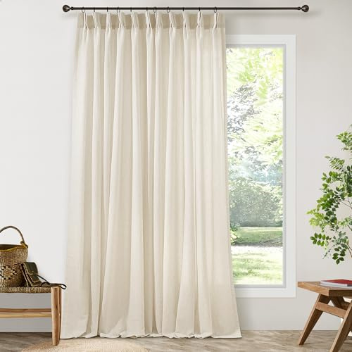 DUKIYO 72 x 108 Inch Linen Curtains Pinch Pleated Extra Wide Semi Sheer | Light Filtering, Rustic Drapes, for Living Room Patio Sliding Door, Large Window Curtain, 108 Inch Length, Sand Beige, Hooks