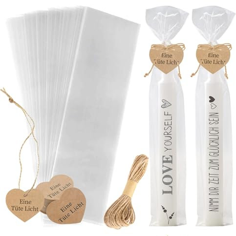 Sugeru 100PCS Cellophantüten 32 * 10cm mit 100 Kraftpapier Geschenkanhänger 1 Jute Schnur,Transparent Kerzentüten,Tüten Kerzen, Weihnachten Birthday Party Geschenke Kerzentattoo Kerzenfolie-II