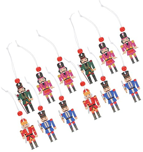 JEWEDECO 12pcs Nutcracker Soldiers Wood Decorative Pendant Gold Silver Black Nutcracker Christmas Xmas Decorations