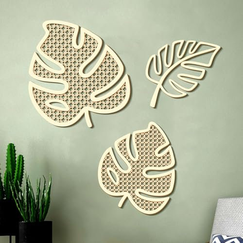 Zzbakress 3 Stück Holz Monstera Blatt Wanddekoration Boho Wanddekoration Palme Dekor Rattan Wanddekoration Tropische Wandkunst Boho Badezimmer Wanddekoration Pflanze Wandkunst Holz Wanddekoration