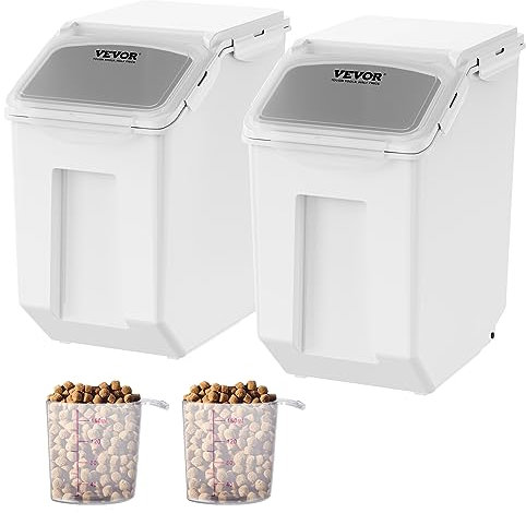 VEVOR Ingredient Storage Bin, 2 x 15L Dispenser Bin with 2 Measuring Cups, Attachable Casters and Airtight Lid, 2 Pcs/Set Dog Pet Food Storage Container, PP Material Kitchen Rice Cereal Flour Bin