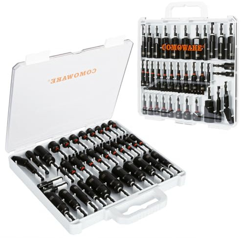 COMOWARE Magnetic Impact Nut Driver Set, 55Pcs Deep Nut Driver Set, Metric/SAE Sockets, Bit Extension, 1/4'' Quick Change, Cr-V Steel for Automotive & Industrial Use