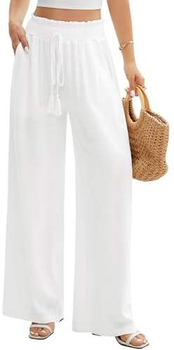 UMIPUBO Women Cotton Linen Trousers Summer Wide Leg Pants Elastic Waist Lightweight Beach Trousers Ladies Palazzo with Pockets Casual Flowy Loose Bottoms Trousers for Work Yoga Holiday