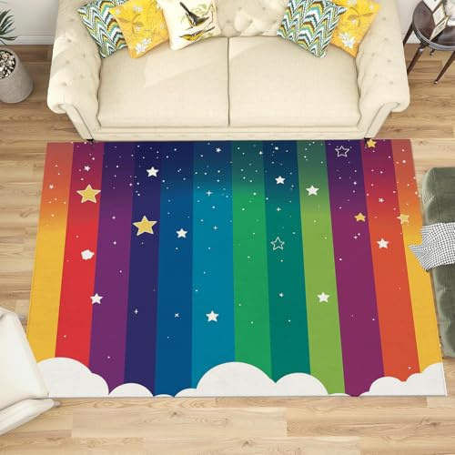 NAWVNMI Waschbarer Teppich Krabbelmatte Babyzimmer Kinder rutschfest Flauschig Teppich Teppich Kinderzimmer Junge Mädchen Kinderteppich, Regenbogen - Gestreifte Wolken, 200 x 300 cm