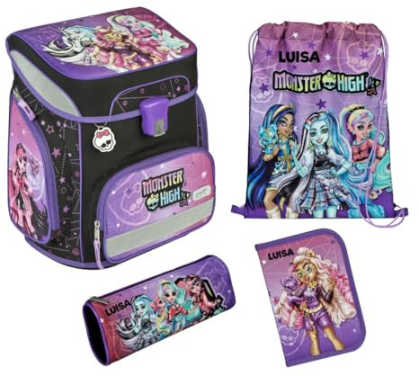 Undercover Schulranzen Set Monster High 5-TLG Mädchen 1. Klasse - Mit personalisiertem Inhalt - Schultasche mit Turnbeutel Federmappe für Grundschule