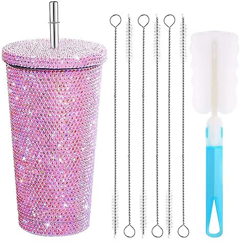 500ml Diamond Water Bottle, Bling Stainless Steel Vacuum Thermal Straw Tumbler Lid Glitter Diamond Studded Cups Glitter Water Bottle with Lid, 1 Pcs Cup Brush and 6 Pcs Straws (Pink)