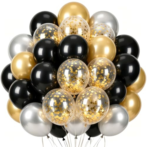 Luftballons Schwarz Gold， 12 zoll 5 zoll SKYIOL Latex Ballons Goldene Konfetti Luftballons Metallic Ballons mit Girlande Streifen für Hochzeit Abschluss EID Silvester Neujahr Deko