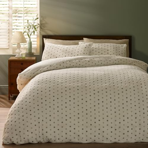 Catherine Lansfield Cosy Spot Fleece Double Duvet Cover Set with Pillowcases Cream