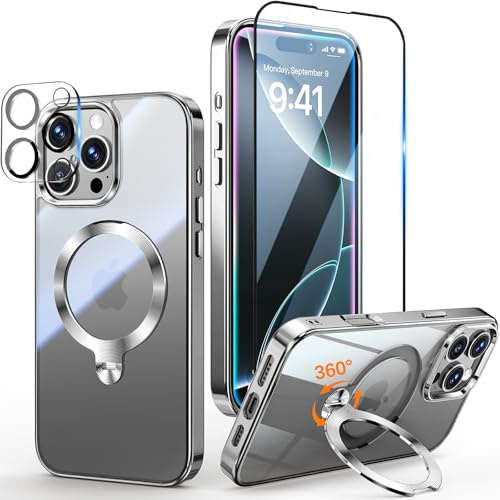 Yoouther 3 in 1 Magnetische Hülle für iPhone 16 Pro Max 6.9 [360° CD Unsichtbarer Drehständer für MagSafe] [Mit Stück Schutzfolie & Kameraschutz] [Nie Vergilbung] Militärschutz Stoßfest, Titan Natur