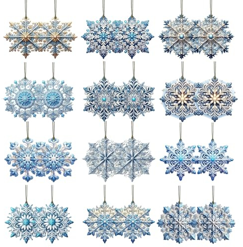 KLINNA 24 Stück Weihnachtsanhänger Schneeflocke 2D aus Holz, Blau Weihnachtsdeko Holz als Weihnachtsbaumschmuck, Deko-Anhänger für Weihnachten zum Aufhängen mit Schnur, Deko AST zum Aufhängen