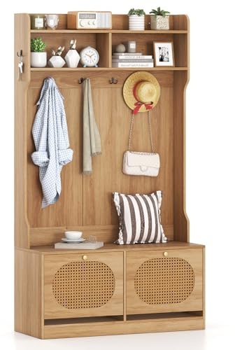 HOMASIS 4 in 1 Garderobenständer mit Sitzbank & 6 Schuhablagen, Garderobe mit 6 Doppelhaken, Regal & 2 Fächern, Flurstehgarderobe aus Holz & PE Rattan, Garderobenschrank für Eingang, Flur & Wohnzimmer