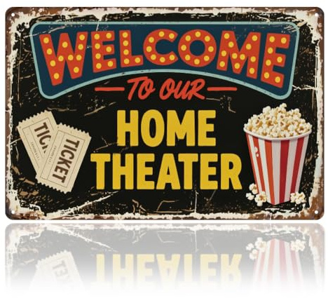 WADORN Willkommen In Unserem Heimkino Blechschild Im Vintage Stil, 20x30cm Popcorn Ticket Retro Kunst Schild Lustiges Theater Thema Wanddekoration Geschenke Plakette Für Bar Café Zuhause Männerhöhle