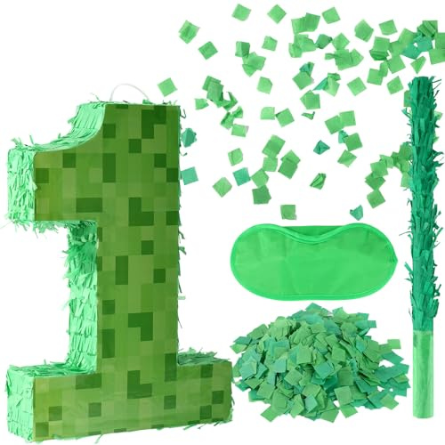 SAVITA Mini-Pixel-Piñata mit Zahlen, Grünes Pixel-Geburtstagsparty-Geschenk mit Stab Augenbinde Konfetti-Piñata für Geburtstagsparty-Dekoration (1)
