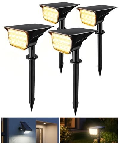 4 Stück 78 LEDs Solarstrahler für Außen, 3 Modi Solarlampen 800Lm, IP65 Wasserdicht Gartenstrahler Außenwandleuchte, Intelligent Entladung, Dusk to Dawn Gartenleuchten für Garten, Hof, Rasen, Gehweg