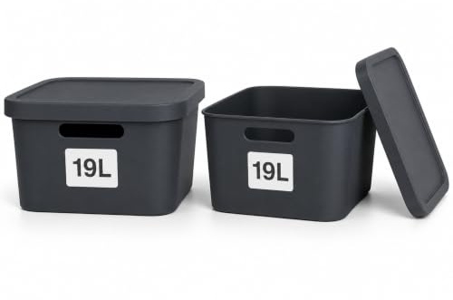 Plastard Aufbewahrungsbox mit Deckel 2er-Set 19 Liter in Anthrazit | BPA-Freie Ordnungsbox für Küche, Bad, Büro, Kinderzimmer, Robuste Stapelbare Kunststoffbox, 34 x 46 x 16 cm, Ordnungskiste