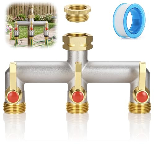Zocipro Wasserverteiler 3fach Messing 3 Wege Verteiler 3/4Zoll | für 3 Geräte Gartenschläuch mit Verlängerter Griff, Hof/Waschmaschine,Garten 3 Wege Wasserverteiler mit 1/2 auf 3/4 Adapter