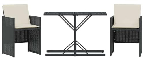 PUGYNBK 3-TLG. Poly Rattan Bistro-Set mit Kissen Schwarz für Balkon, Garten, Terrasse, klappbare Stühle mit dick gepolsterten Sitzkissen, abnehmbaren und waschbaren Bezügen, Glastisch