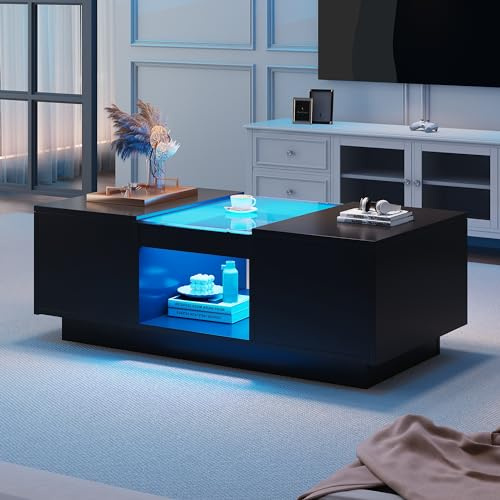 Coolfish LED Coffee Table for Living Room, Modern Black Center Table with 2 Drawers & Glass Top, 2-Tier Storage, Smart APP RGB Lighting, 100cm – Home Office Furniture