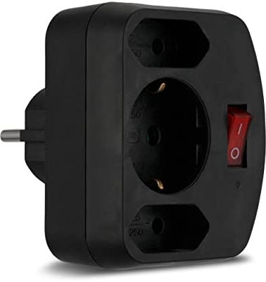 REV Steckdosenadapter - Mehrfachsteckdose 3-Fach mit Schalter & erhöhtem Berührungsschutz - 2X Eurosteckdose, 1x Schutzkontakt, schwarz