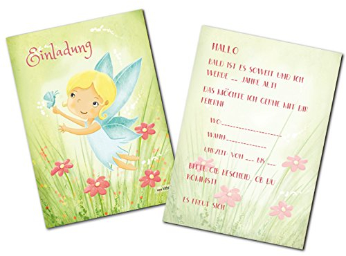 katelein Kindergeburtstag Elfen Mädchen Geburtstag Fee Schmetterling Blumen Party Einladungskarten Geburtstagseinladung Kinder - Set zu 10 Stück - Illustration - 14,8 x 10,5 cm
