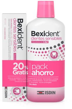 ISDIN Bexident Dientes Sensibles Pasta dentífrica y colutorio con CPC + Cymenol, Alivia la sensibilidad dental en 2 días, Uso diario, Pack ahorro 20% Gratis, Pasta 75ml + Colutorio 500ml