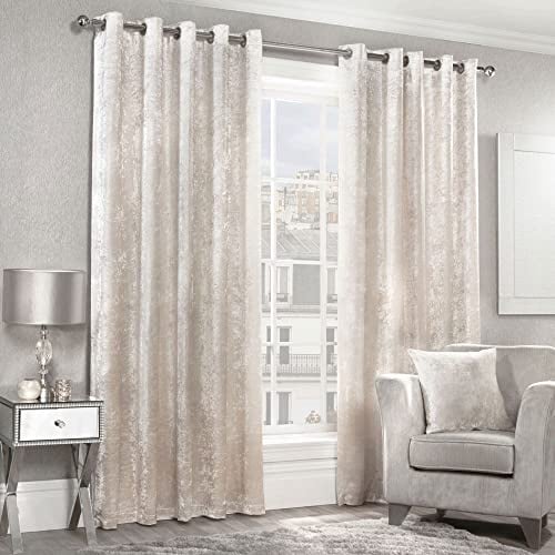 Alan Symonds Home Crushed Velvet Lined Eyelet/Ring Top Curtains Pair Cream x 90 Width